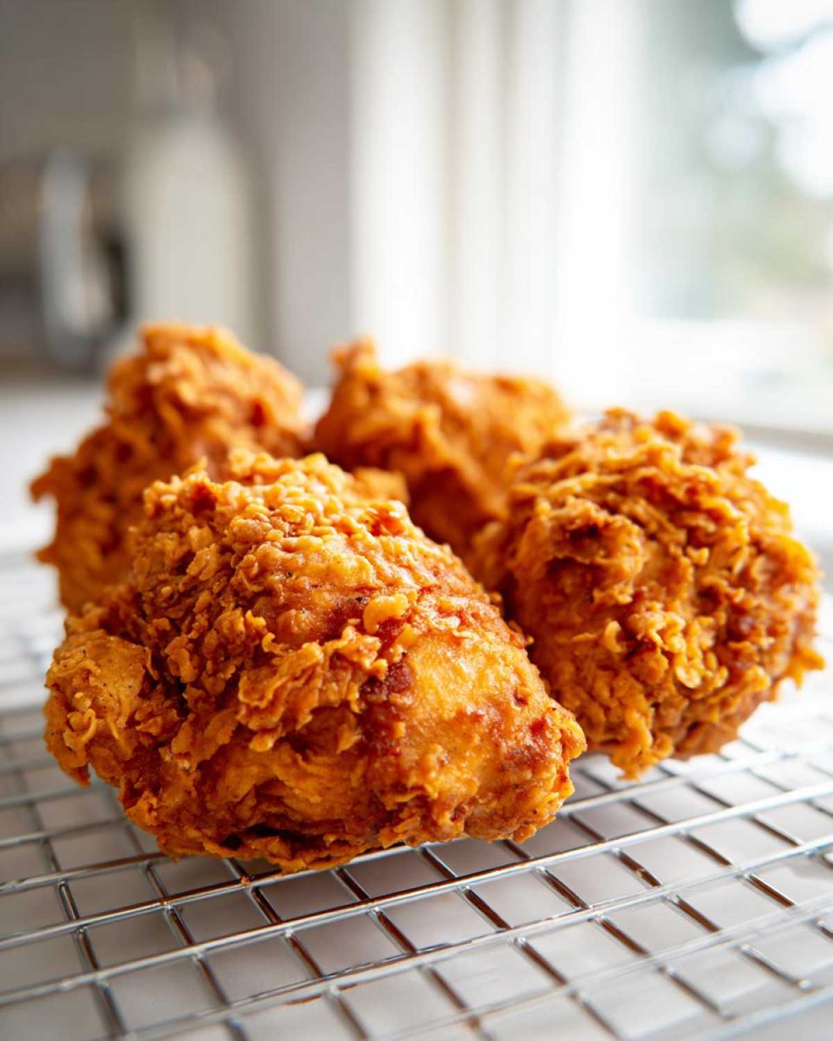 Four pieces of golden brown, crispy fried chicken resting on a wire cooling rack.