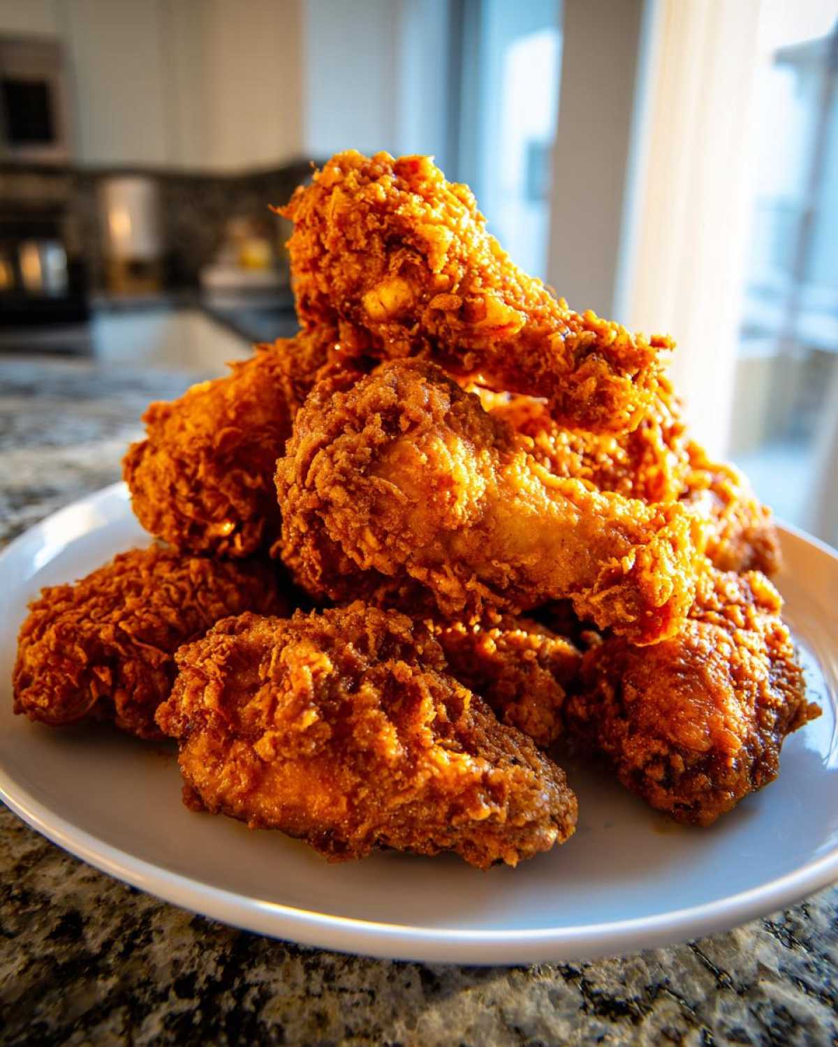 A mound of golden brown, crispy fried chicken wings piled high on a white plate.