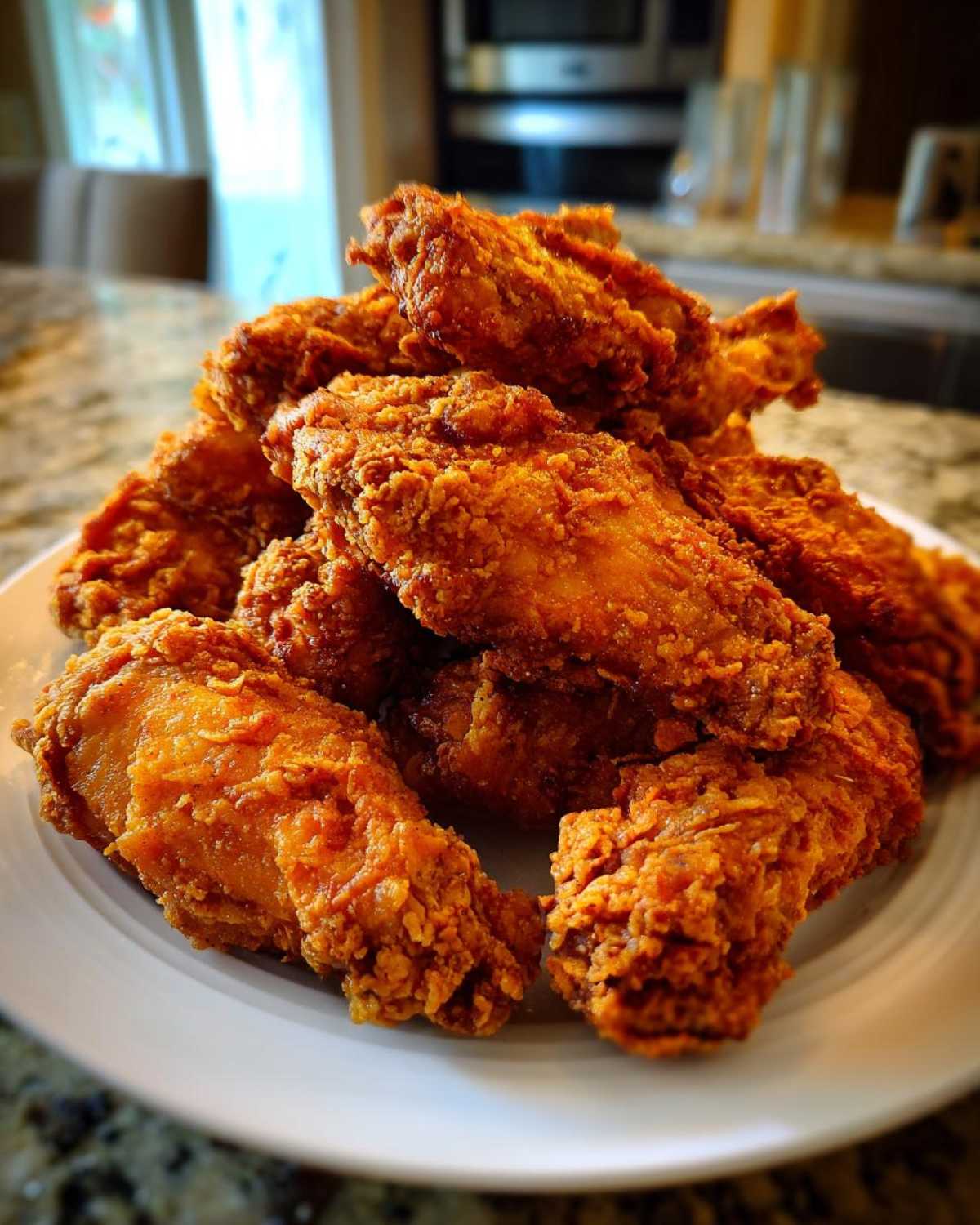 A close-up shot of a large pile of golden-brown, crispy fried chicken wings stacked high on a white plate.