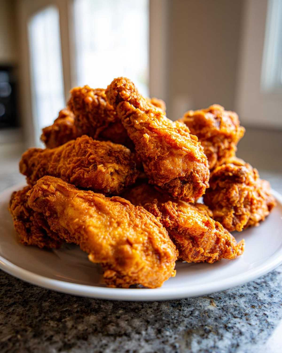 A delicious pile of golden brown, crispy fried chicken wings stacked high on a white plate.