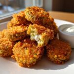 A pile of crispy, golden brown Fried Pickles served on a white plate next to a small bowl of white dipping sauce.