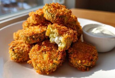 A pile of crispy, golden brown Fried Pickles served on a white plate next to a small bowl of white dipping sauce.