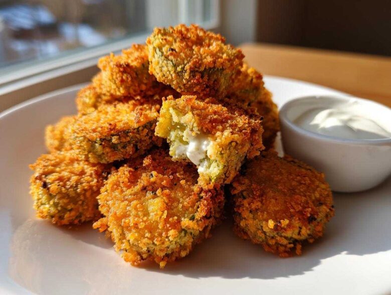 A pile of crispy, golden brown Fried Pickles served on a white plate next to a small bowl of white dipping sauce.