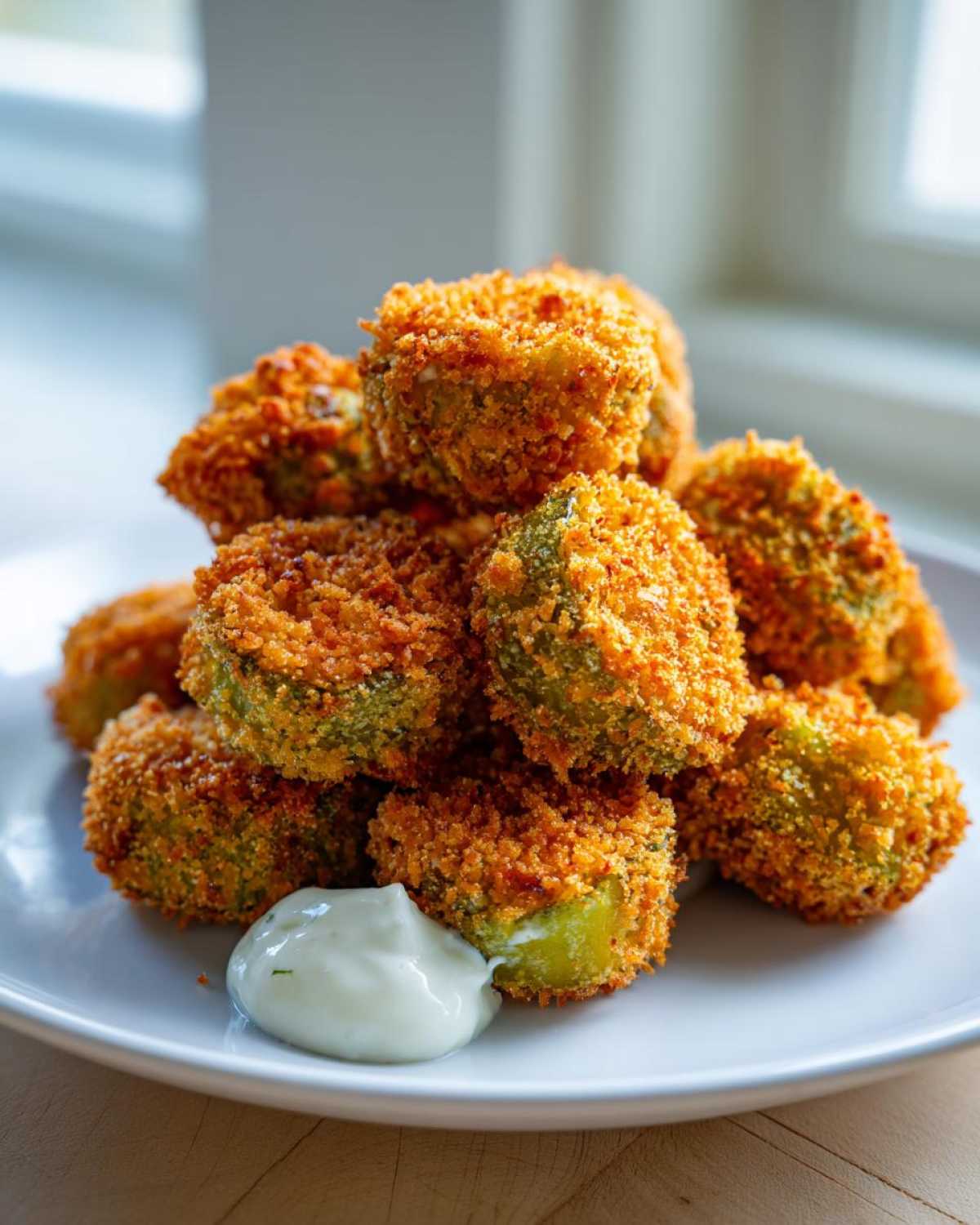 A tall stack of golden brown, crispy Fried Pickles served on a white plate with a side of creamy dipping sauce.