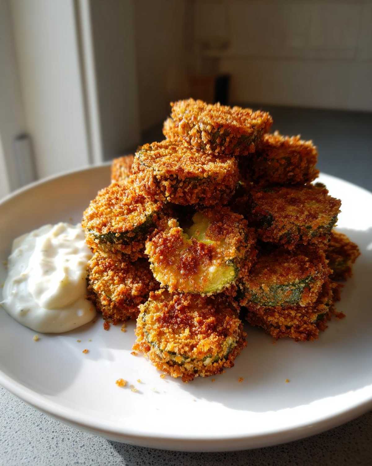 A tall stack of golden brown, crispy Fried Pickles served on a white plate next to a dollop of creamy dipping sauce.