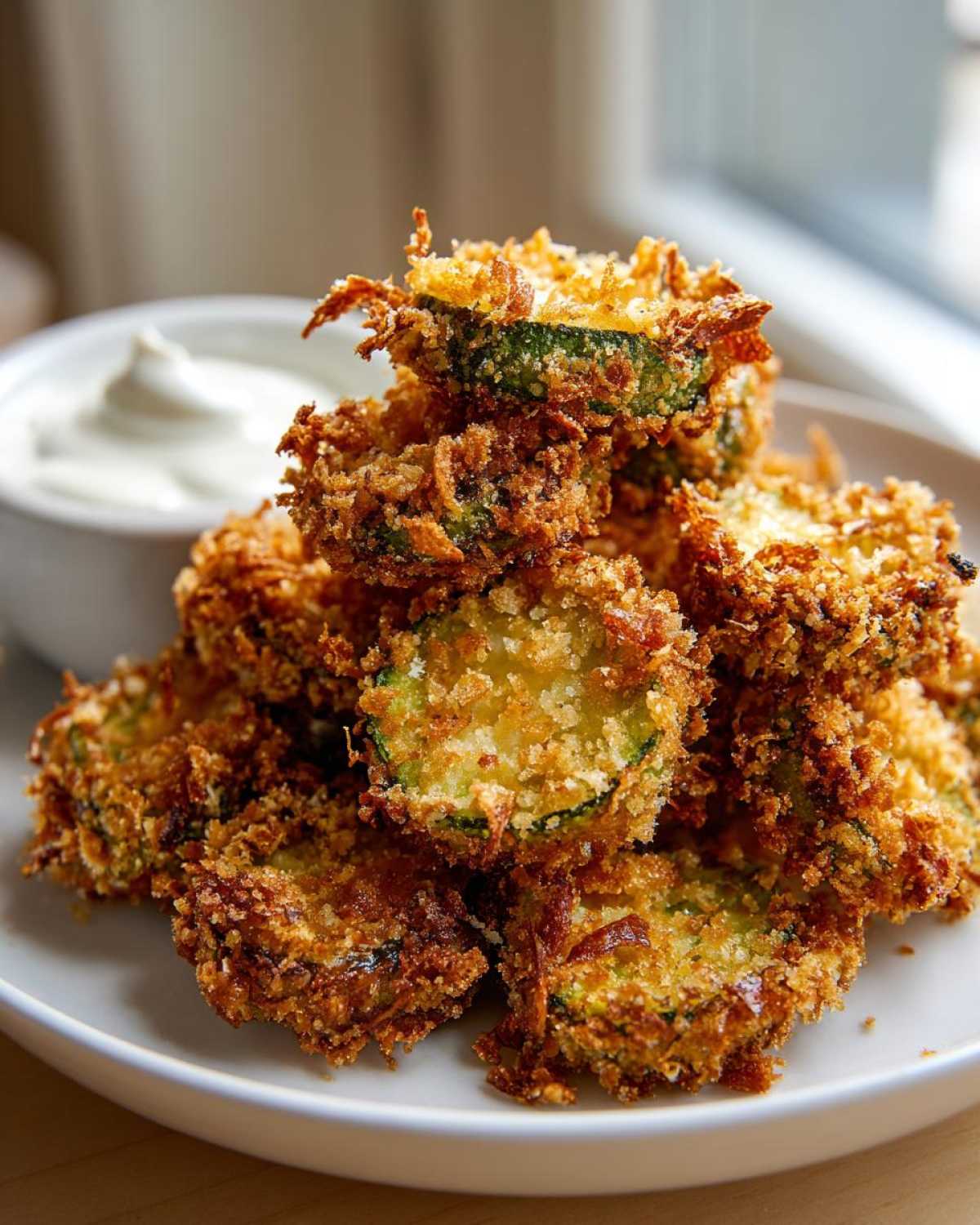 A close-up stack of golden brown, crispy fried pickles served on a white plate with a side of creamy dipping sauce.