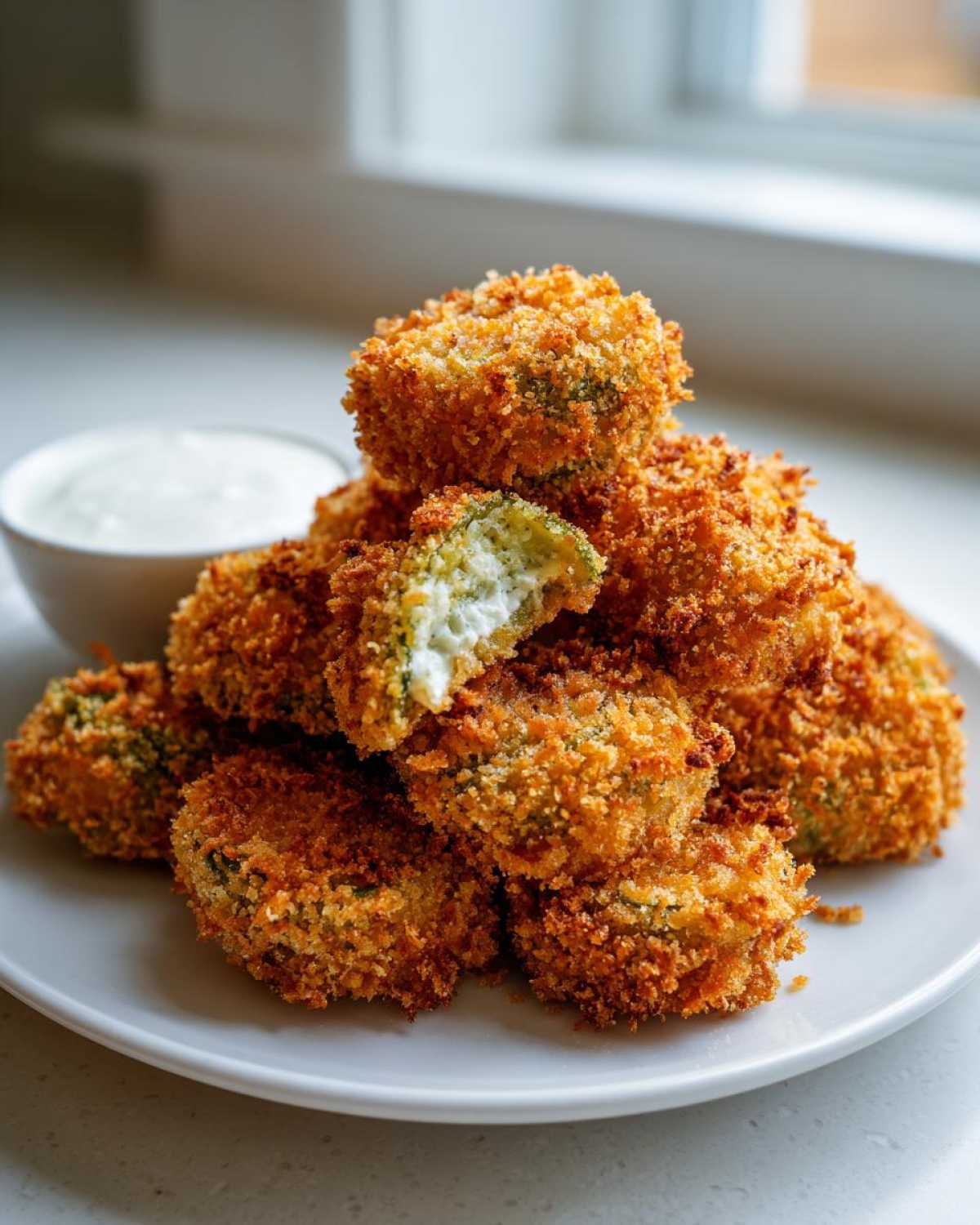 A pile of golden brown, crispy Fried Pickles stacked on a white plate next to a small bowl of white dipping sauce.