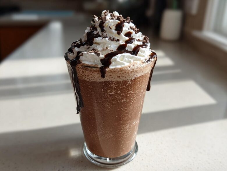 A tall glass filled with thick, blended frozen hot chocolate, topped with whipped cream and chocolate drizzle.