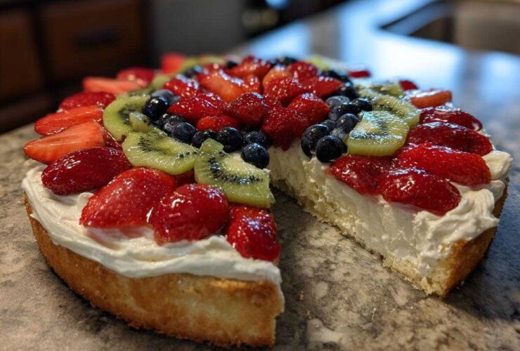 A slice removed from a fruit pizza sugar cookie topped with cream cheese frosting, strawberries, blueberries, and kiwi.