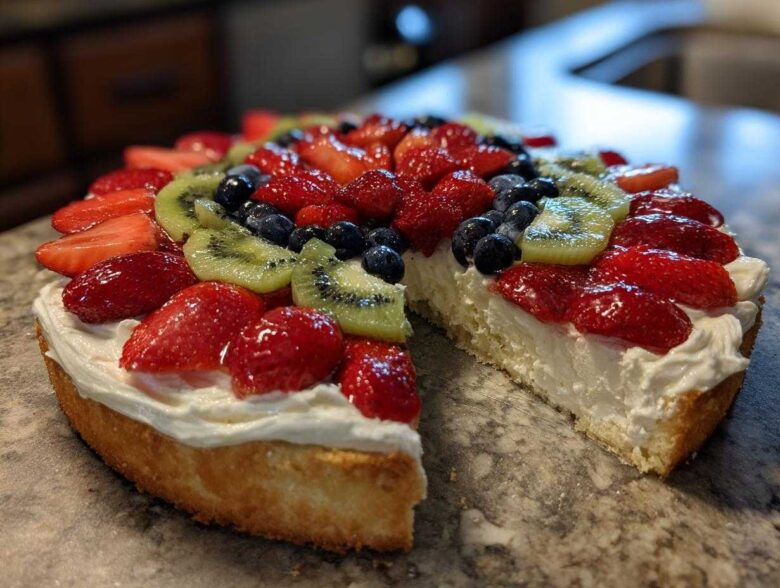 A slice removed from a fruit pizza sugar cookie topped with cream cheese frosting, strawberries, blueberries, and kiwi.