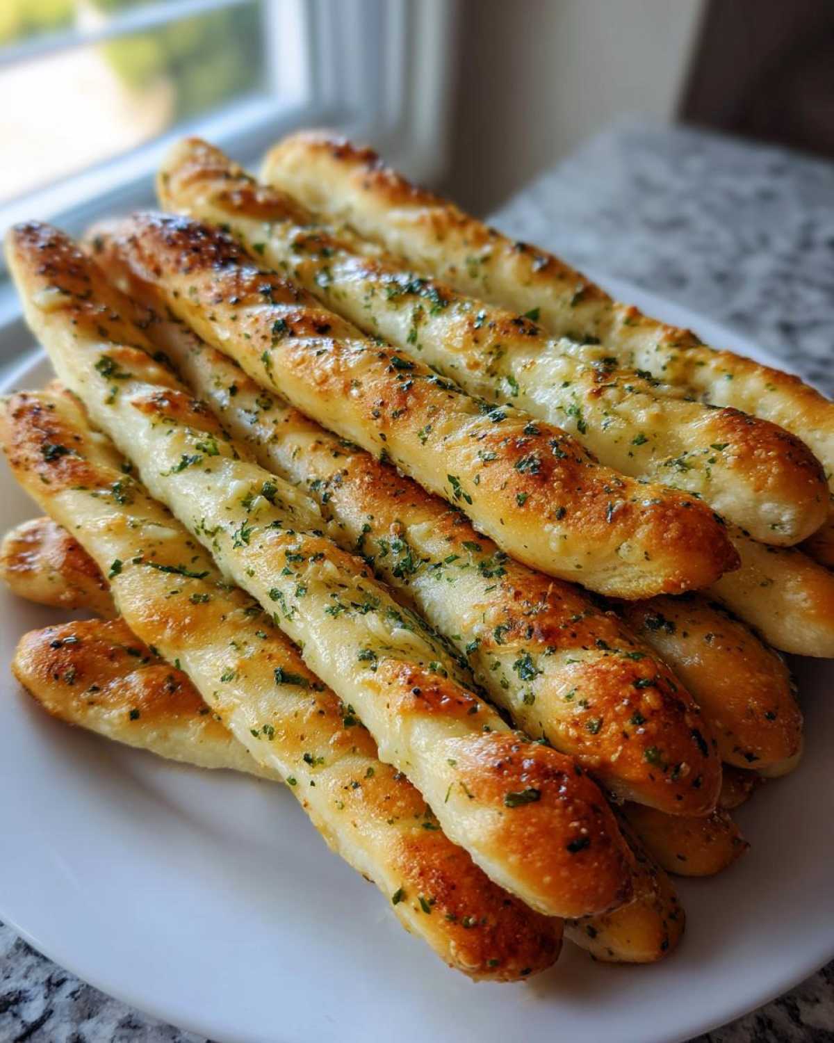 A close-up of several golden, buttery breadsticks topped with garlic and parsley, stacked on a white plate.