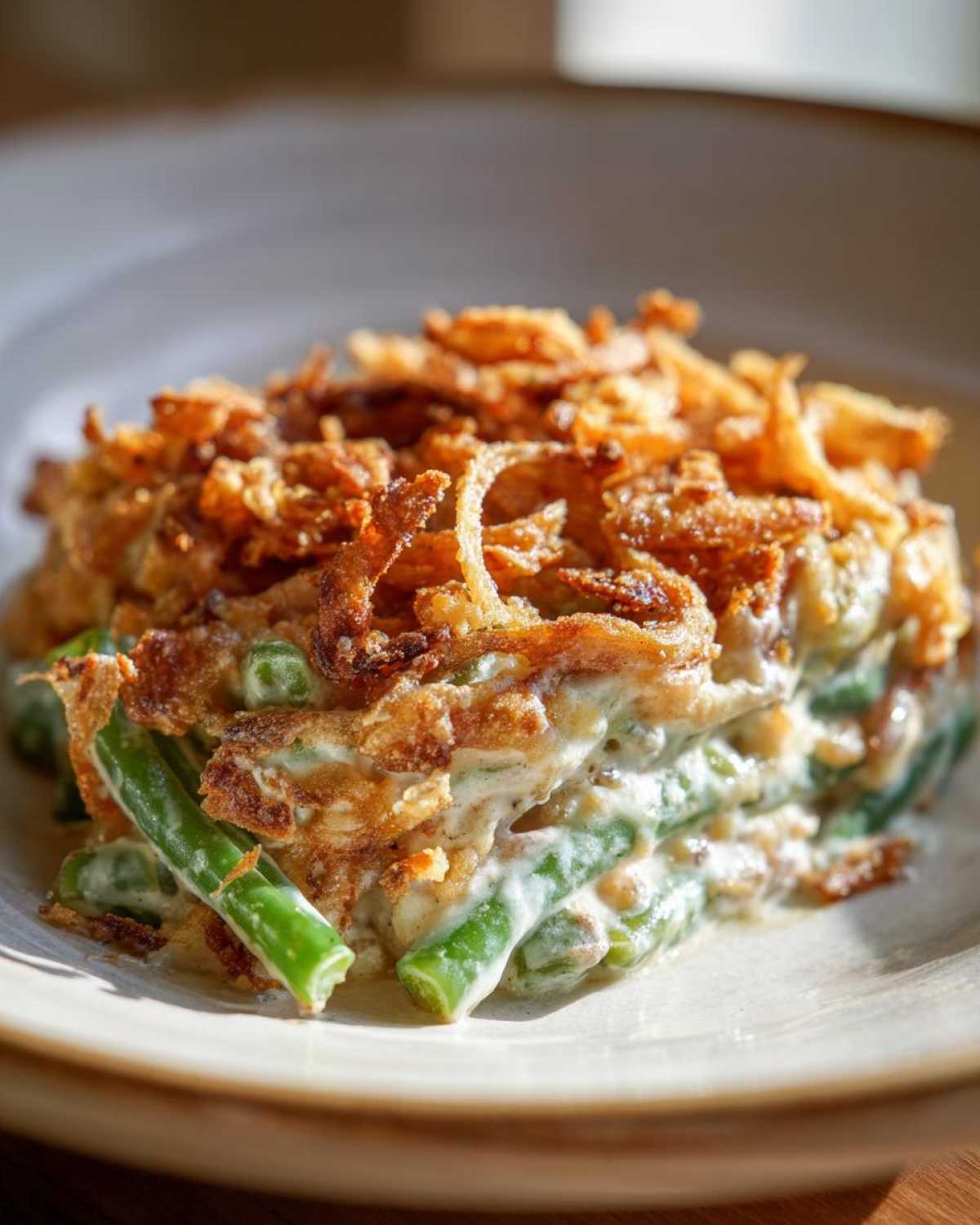 A close-up serving of amazing green bean casserole topped with crispy fried onions.