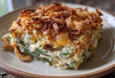 A close-up slice of amazing green bean casserole featuring creamy sauce, green beans, and a crispy fried onion topping.