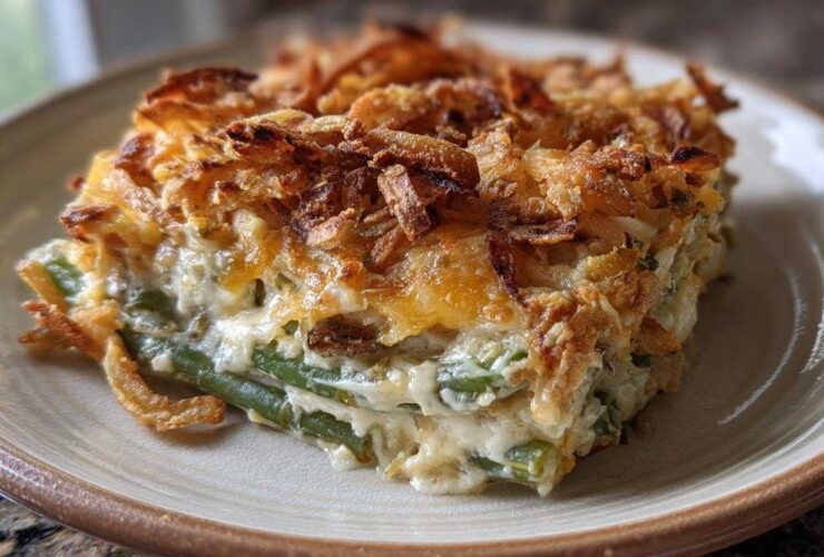 A close-up slice of amazing green bean casserole featuring creamy sauce, green beans, and a crispy fried onion topping.