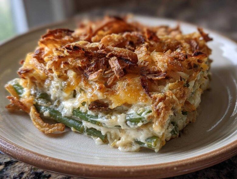 A close-up slice of amazing green bean casserole featuring creamy sauce, green beans, and a crispy fried onion topping.