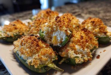 Close-up of baked Jalapeño poppers stuffed with creamy cheese and topped with golden brown breadcrumbs.