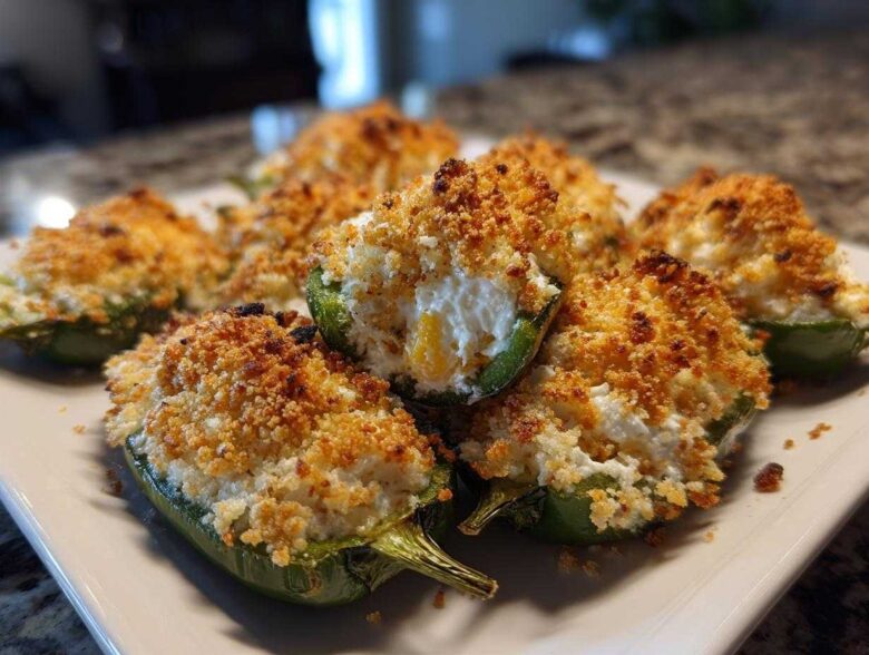 Close-up of baked Jalapeño poppers stuffed with creamy cheese and topped with golden brown breadcrumbs.