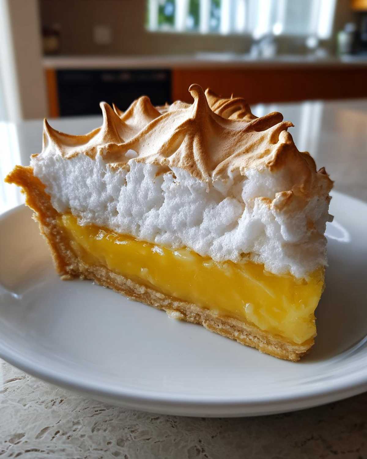 A perfect slice of lemon meringue pie showing thick lemon curd and torched meringue peaks.