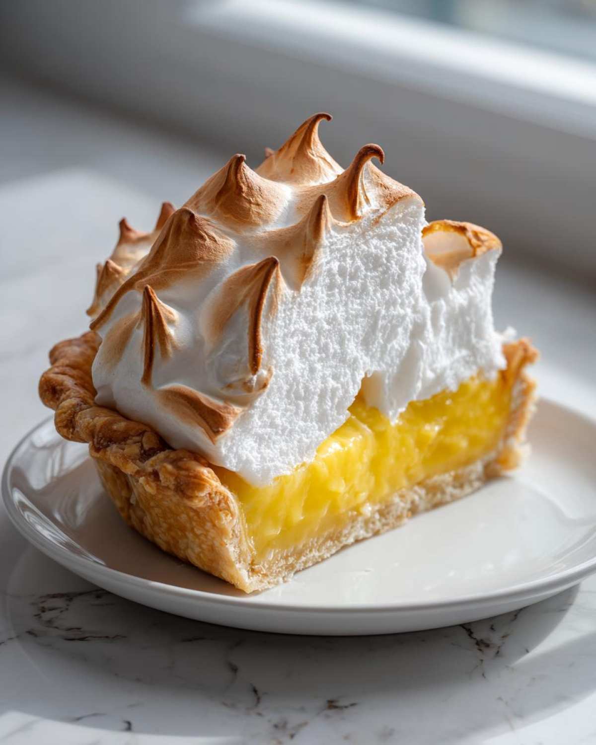 A perfect slice of lemon meringue pie showing bright yellow filling, flaky crust, and tall, toasted meringue peaks.