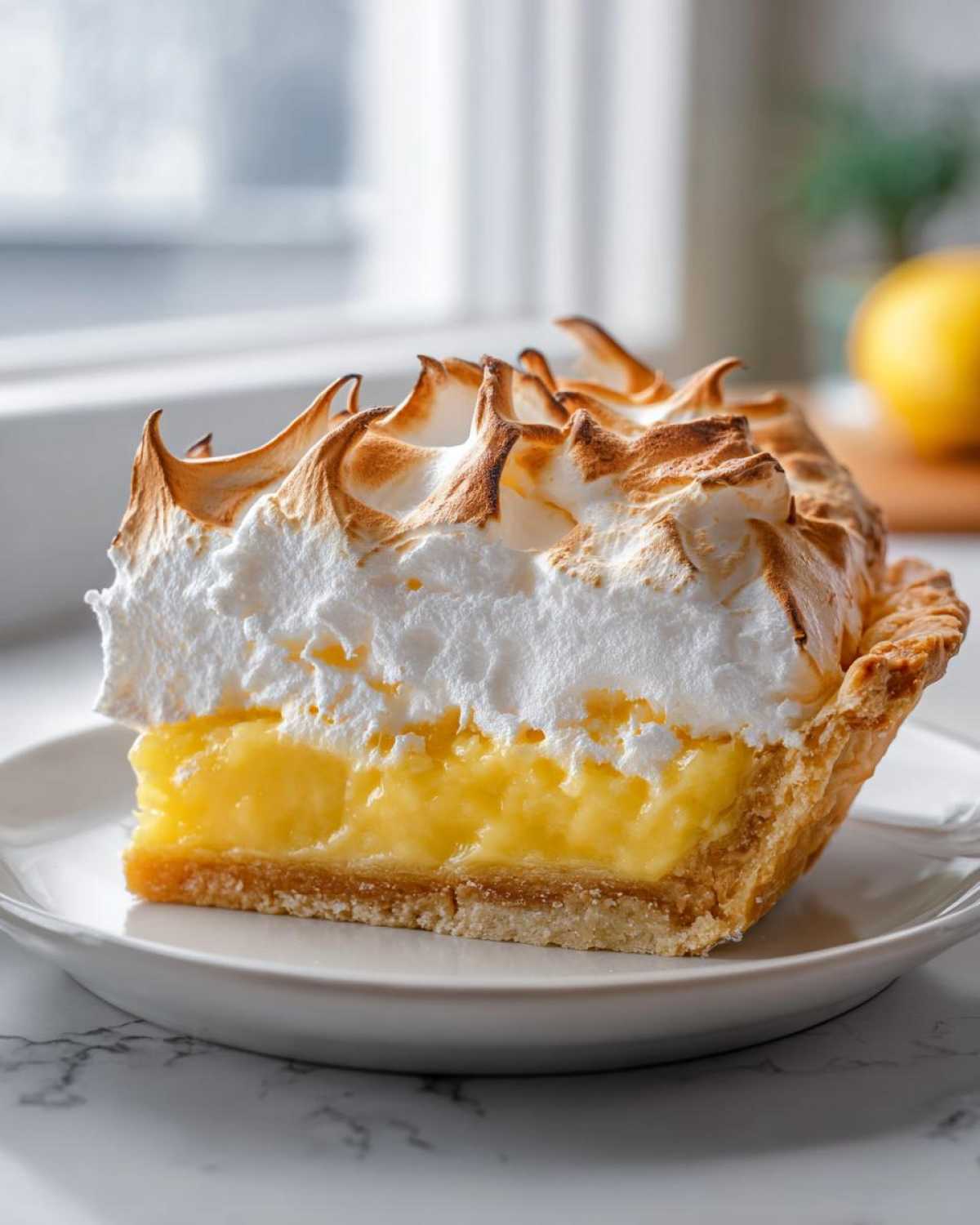 A perfect slice of amazing lemon meringue pie showing thick lemon curd and beautifully toasted meringue peaks.