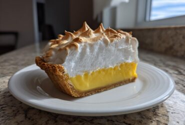 A perfect slice of lemon meringue pie showing thick, toasted meringue over bright yellow filling.