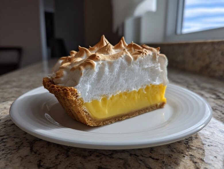 A perfect slice of lemon meringue pie showing thick, toasted meringue over bright yellow filling.
