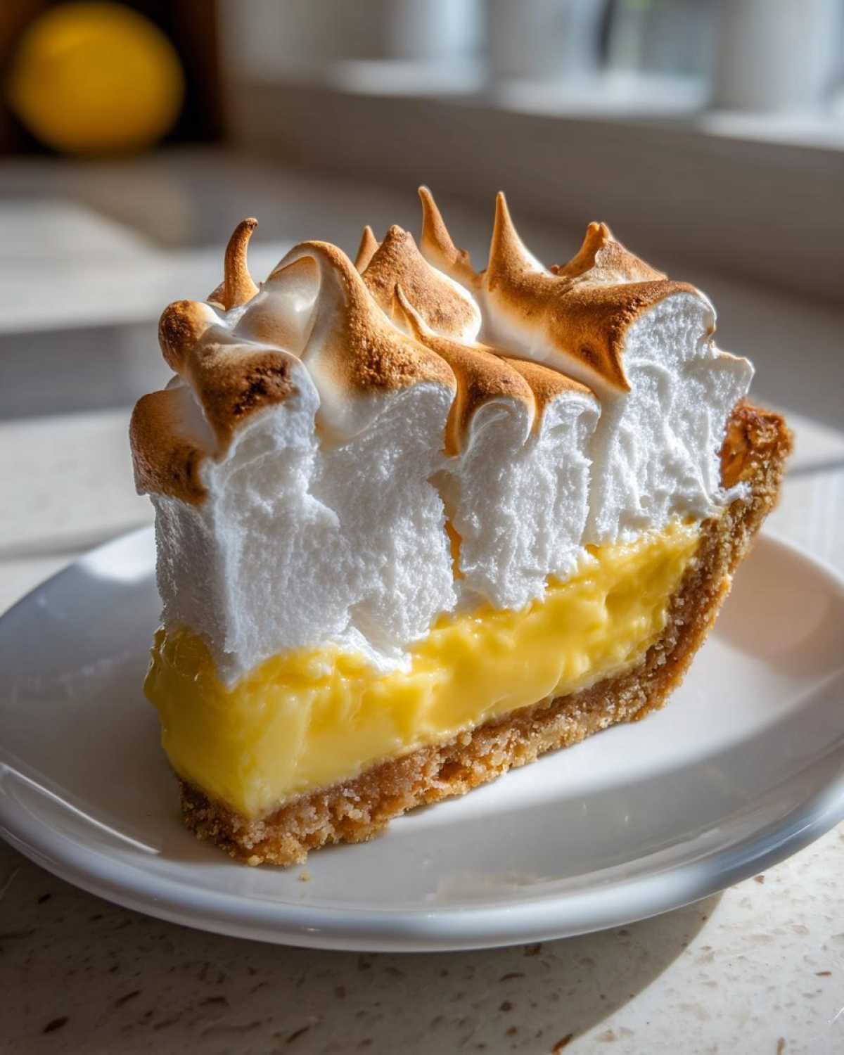 A tall slice of amazing lemon meringue pie showing a thick layer of bright yellow curd and fluffy, toasted meringue peaks.