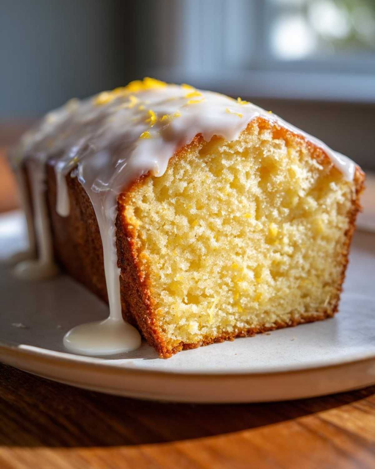 Close-up of a slice of moist lemon pound cake topped with white glaze and lemon zest.