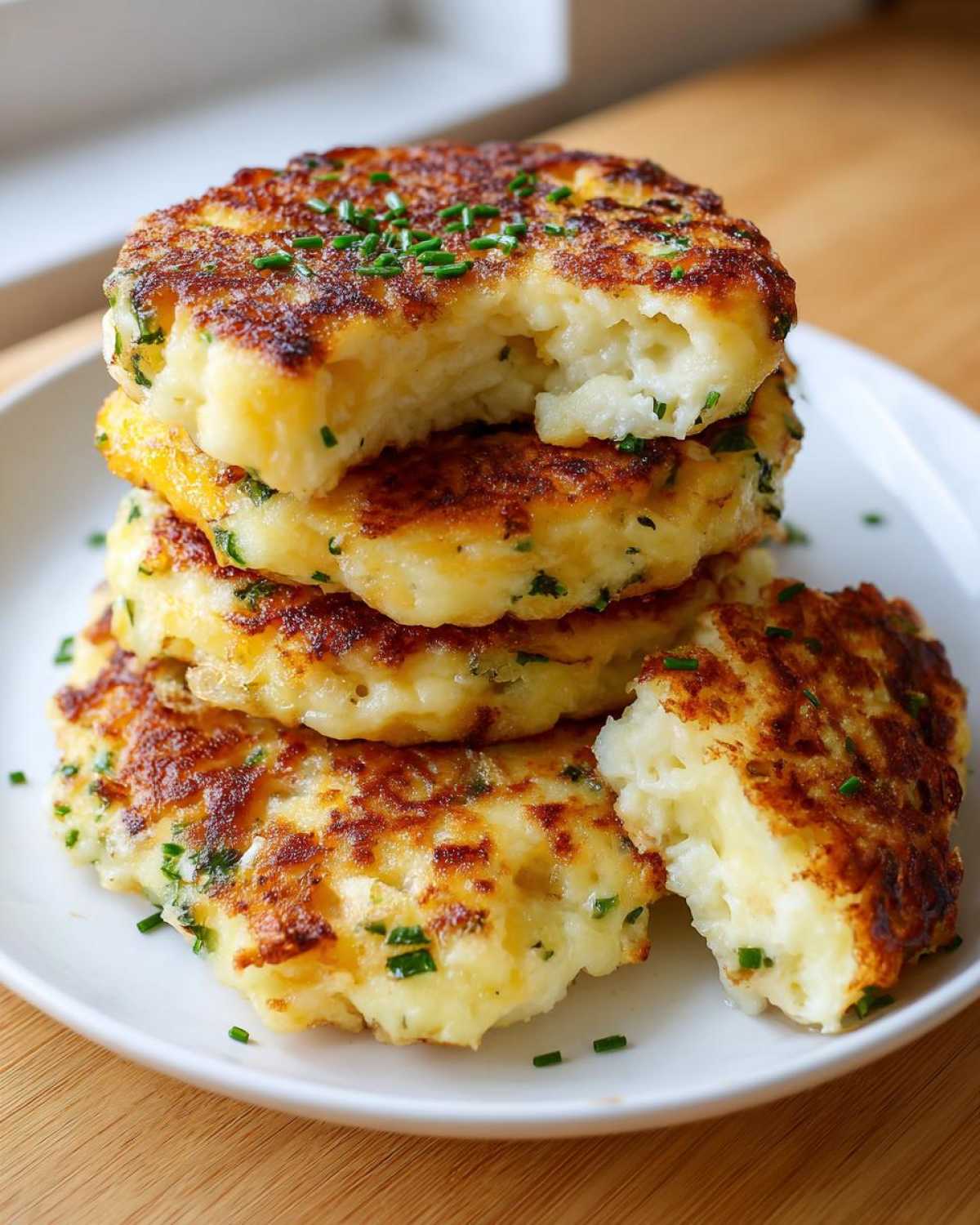 A stack of four golden brown mashed potato cakes, one broken open to show the fluffy interior, garnished with fresh chives.