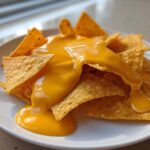Close-up of tortilla chips generously covered in smooth, bright orange nacho cheese sauce.