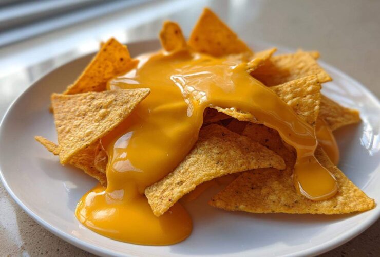 Close-up of tortilla chips generously covered in smooth, bright orange nacho cheese sauce.