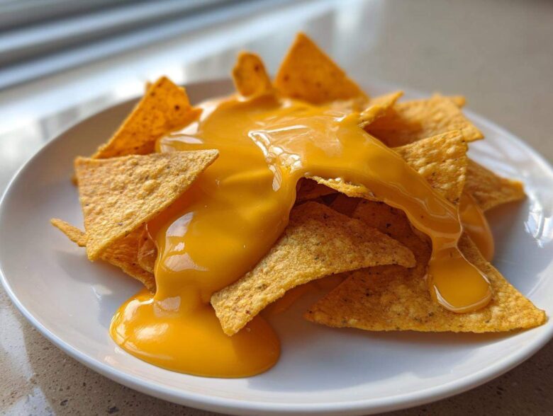 Close-up of tortilla chips generously covered in smooth, bright orange nacho cheese sauce.