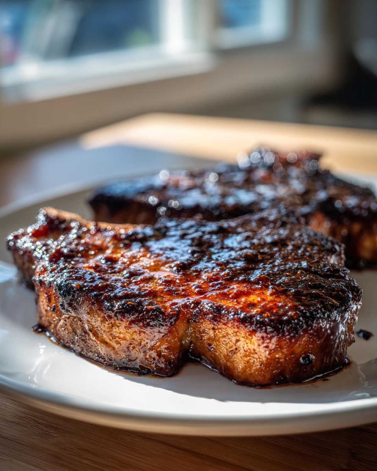 Close-up of a thick, glazed pork steak with a dark, caramelized crust on a white plate.