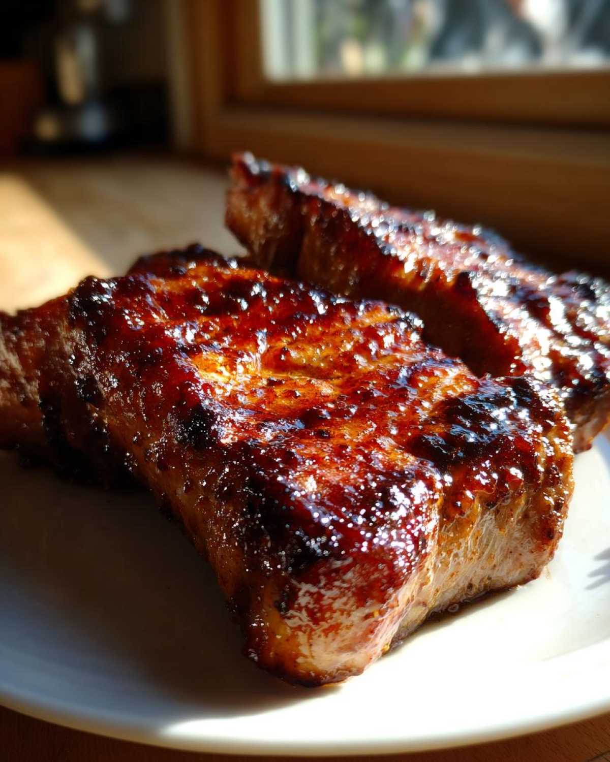Two perfectly cooked, glazed pork steak pieces resting on a white plate, showing a rich, dark caramelization.