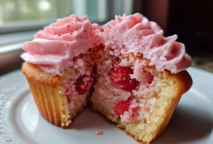 Close-up of a strawberry cupcake cut in half showing real strawberry pieces inside the cake and topped with pink strawberry frosting.