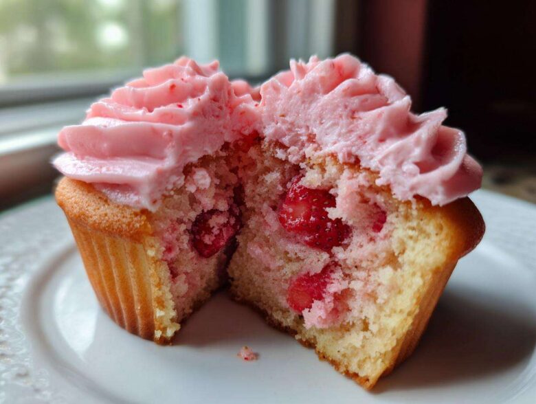 Close-up of a strawberry cupcake cut in half showing real strawberry pieces inside the cake and topped with pink strawberry frosting.
