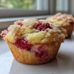 A close-up of a freshly baked strawberry muffin topped with coarse sugar, showing bright red fruit inside.