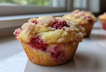 A close-up of a freshly baked strawberry muffin topped with coarse sugar, showing bright red fruit inside.