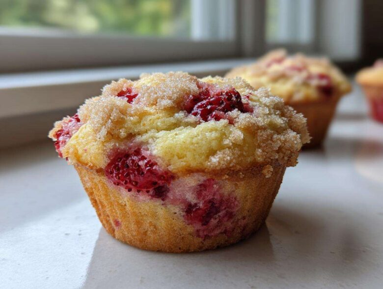 A close-up of a freshly baked strawberry muffin topped with coarse sugar, showing bright red fruit inside.