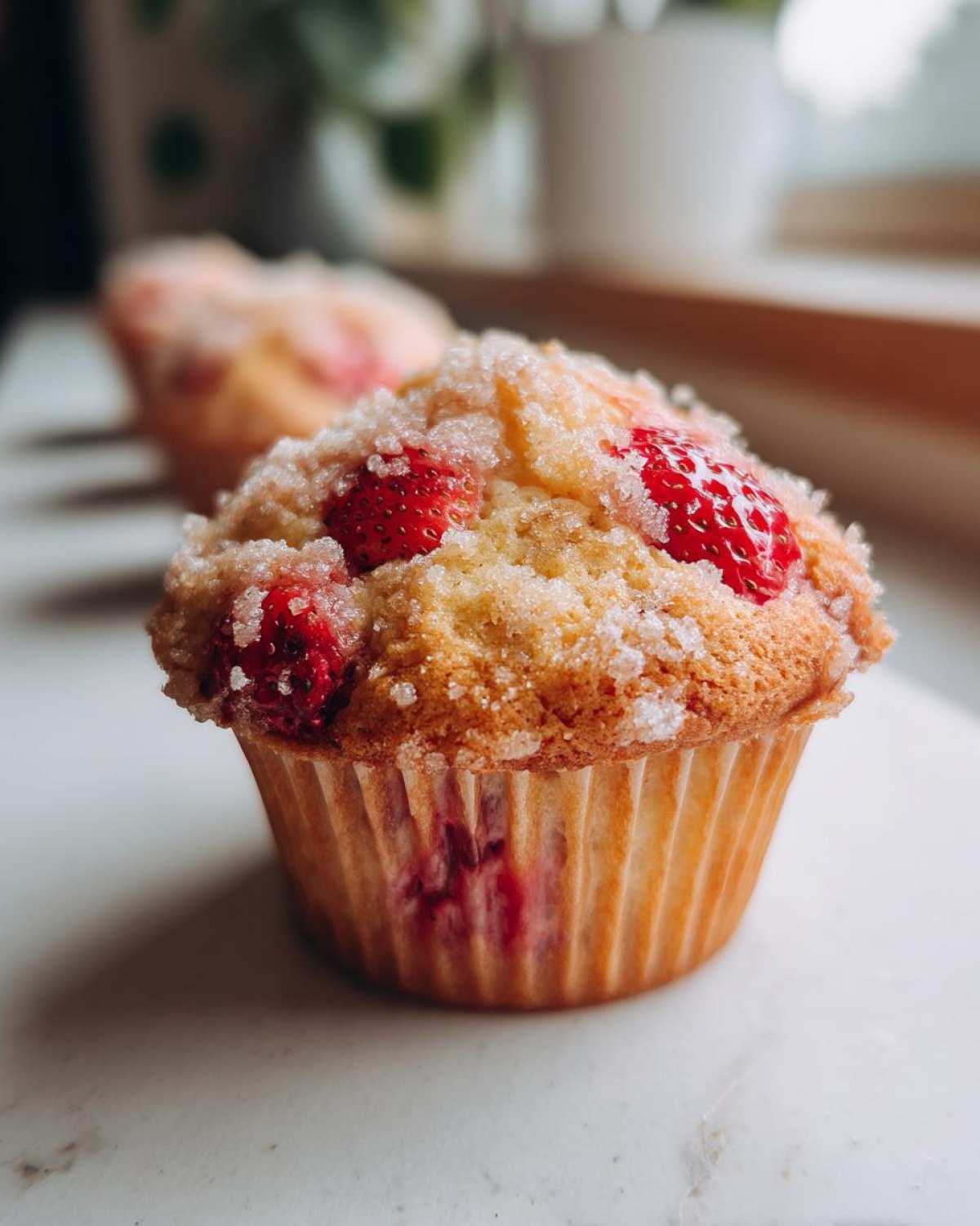 A close-up of a freshly baked strawberry muffin topped with coarse sugar and visible strawberry pieces.