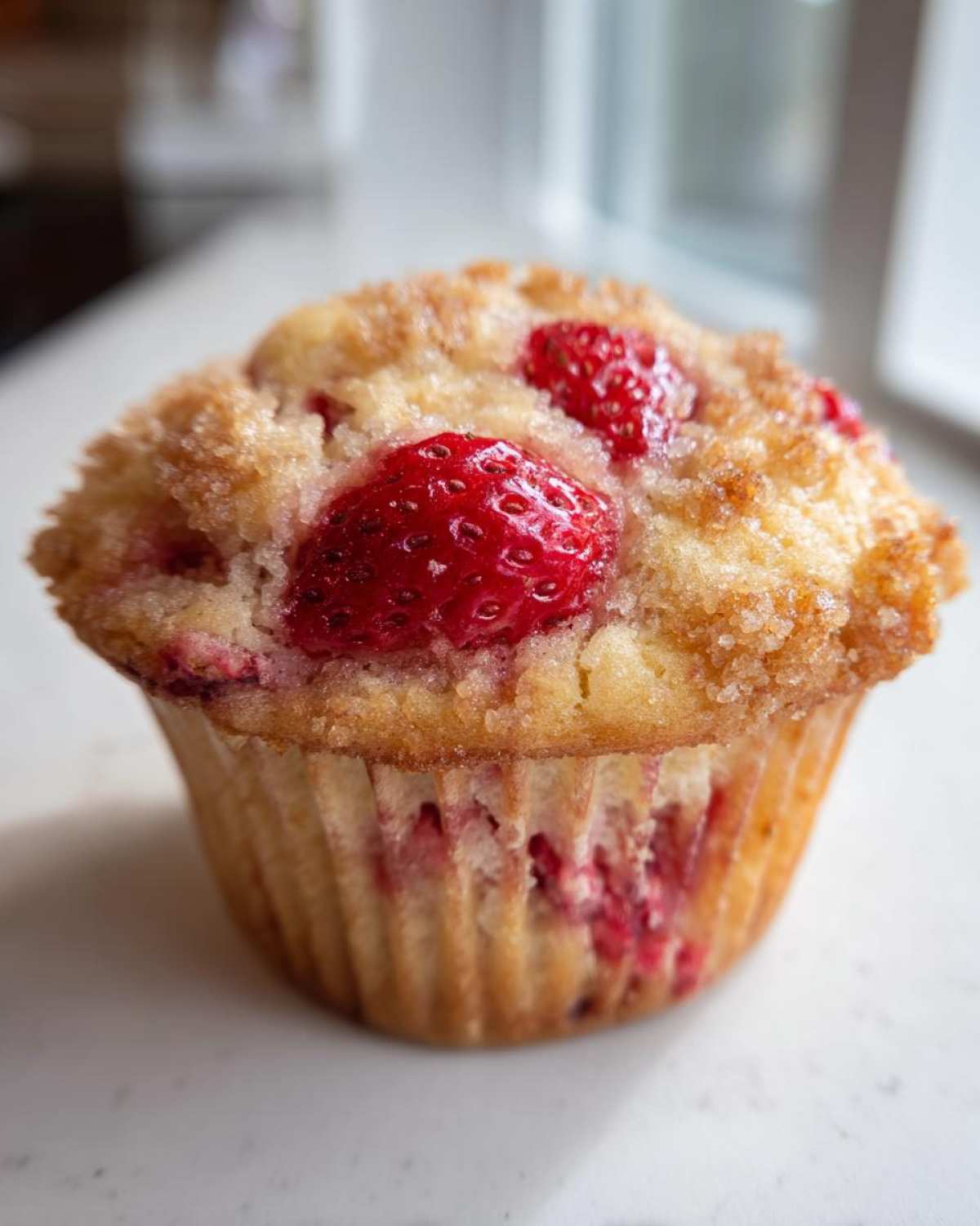 Close-up of a freshly baked strawberry muffin featuring visible strawberry pieces and a sparkling sugar crust.