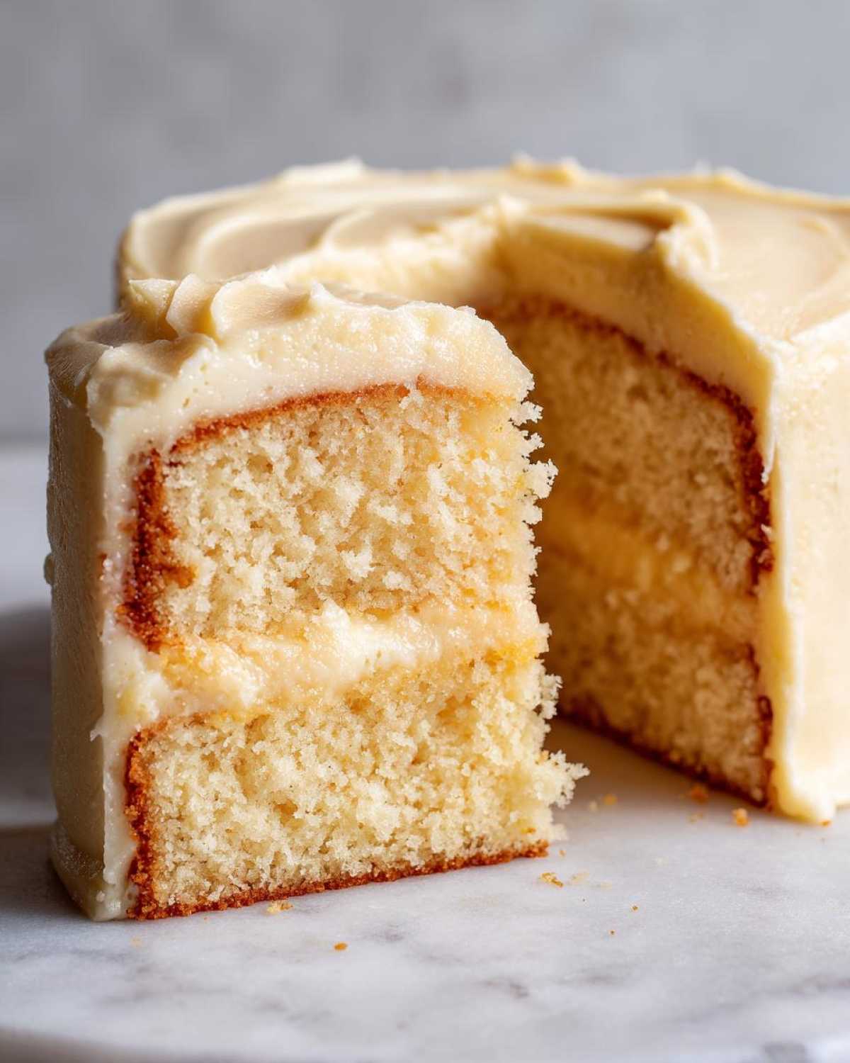Close-up of a moist slice cut from an amazing vanilla cake recipe, showing the fluffy crumb and creamy frosting.