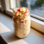 A mason jar filled with creamy apple cinnamon overnight oats, topped with fresh diced red apples.