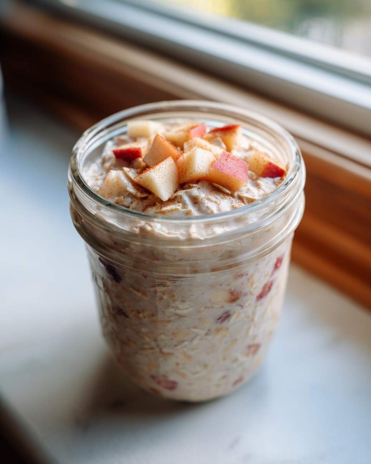 Close-up of apple cinnamon overnight oats in a glass jar, topped with diced red apples and cinnamon.