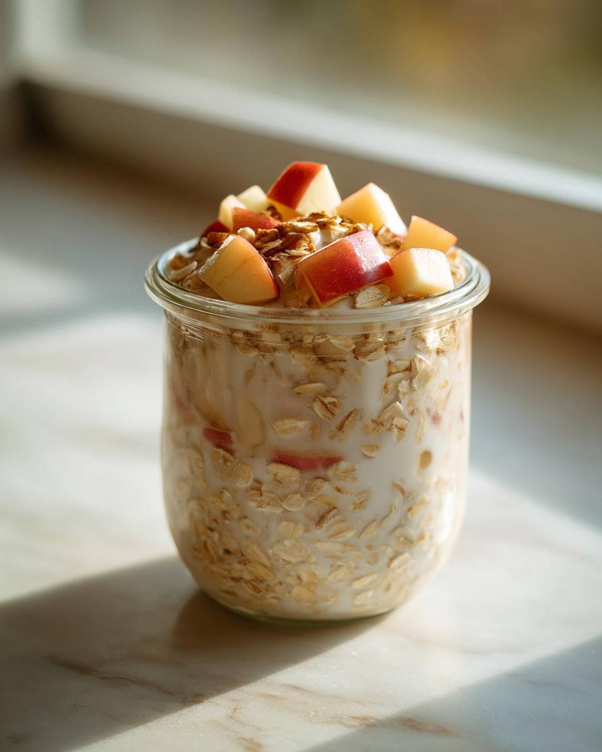 A glass jar filled with creamy apple cinnamon overnight oats, topped with diced red apples and granola.