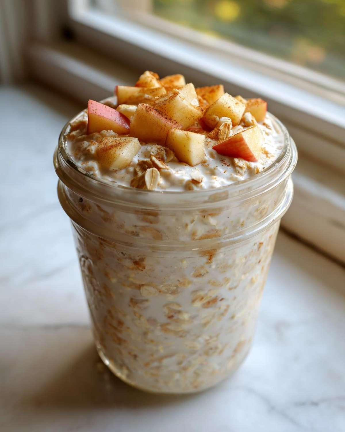 Close-up of apple cinnamon overnight oats in a mason jar, topped with diced apples and cinnamon spice.