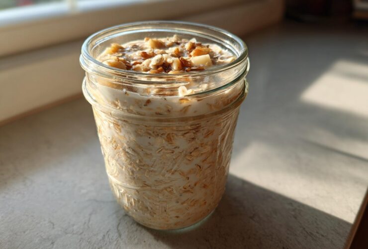 A glass jar filled with creamy apple cinnamon overnight oats, topped with nuts and spices.