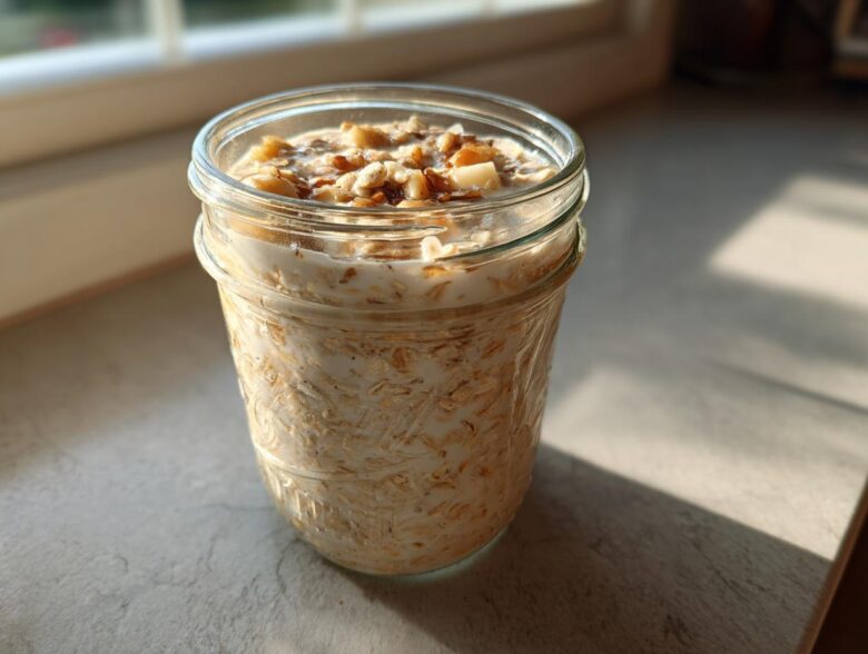 A glass jar filled with creamy apple cinnamon overnight oats, topped with nuts and spices.