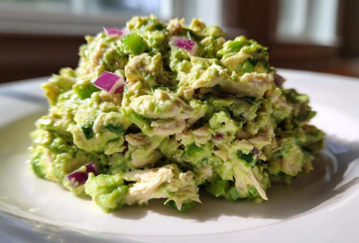 Close-up of a mound of creamy avocado chicken salad featuring shredded chicken, green celery, and diced red onion on a white plate.