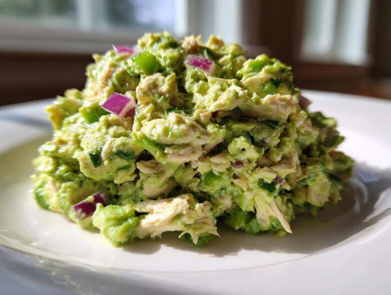 Close-up of a mound of creamy avocado chicken salad featuring shredded chicken, green celery, and diced red onion on a white plate.